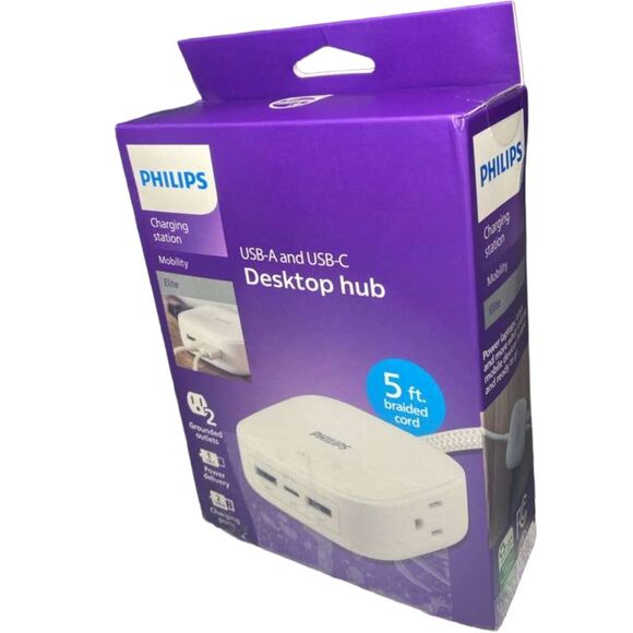 Philips Desktop Charging Station 2 Outlets 2 USB-A 1 USB-C 5ft Cord Box Wear - Picture 5 of 8